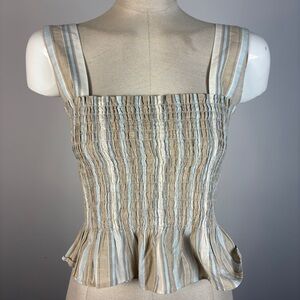 Uniqlo Beige Blue Striped Smocked Shirred Top M Sleeveless Summer